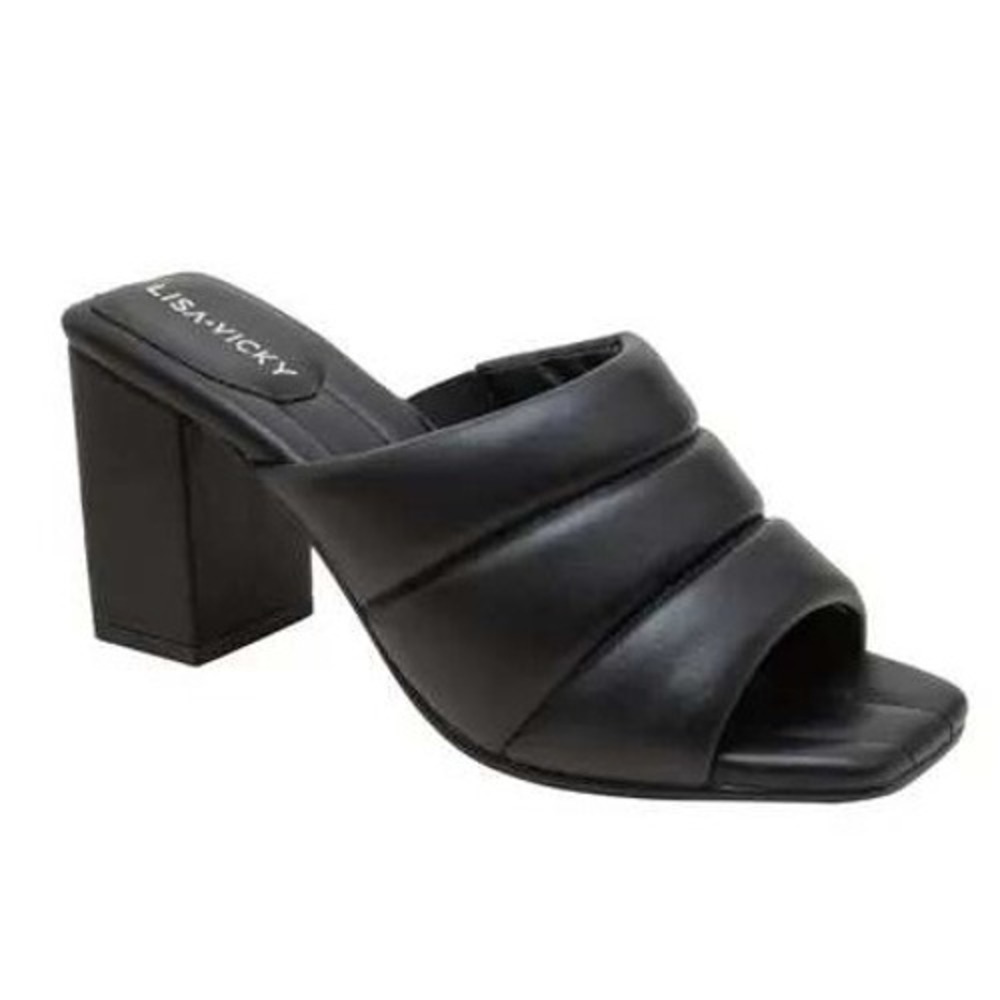 Lisa Vicky Very-V Black‎ Nappa Padded Heeled Mules 9M Quilted Slides